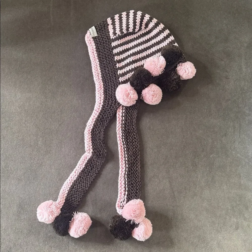 Bebe Chapeau Toddler Girl Patterson Hat Pink Brown Pom Poms 12-24 months NEW